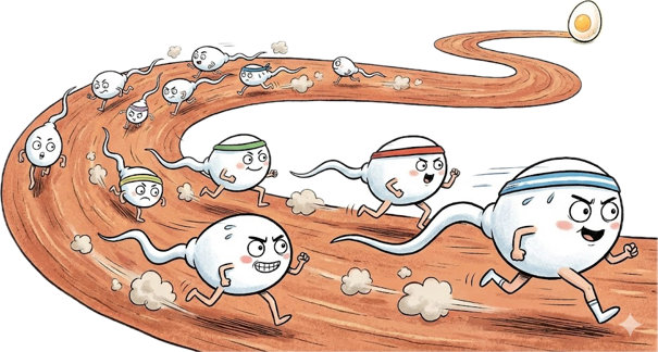 Ameliyat sonrası sperm parametrelerinde düzelmeyi simgeleyen, yumurtaya doğru yarışan sperm hücreleri illüstrasyonu