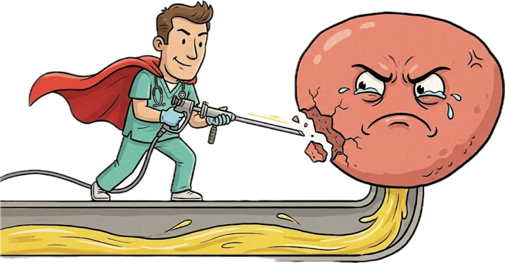 Karikatürize edilmiş bir cerrahın lazerle prostat dokusunu temizlediğini simgeleyen çizim